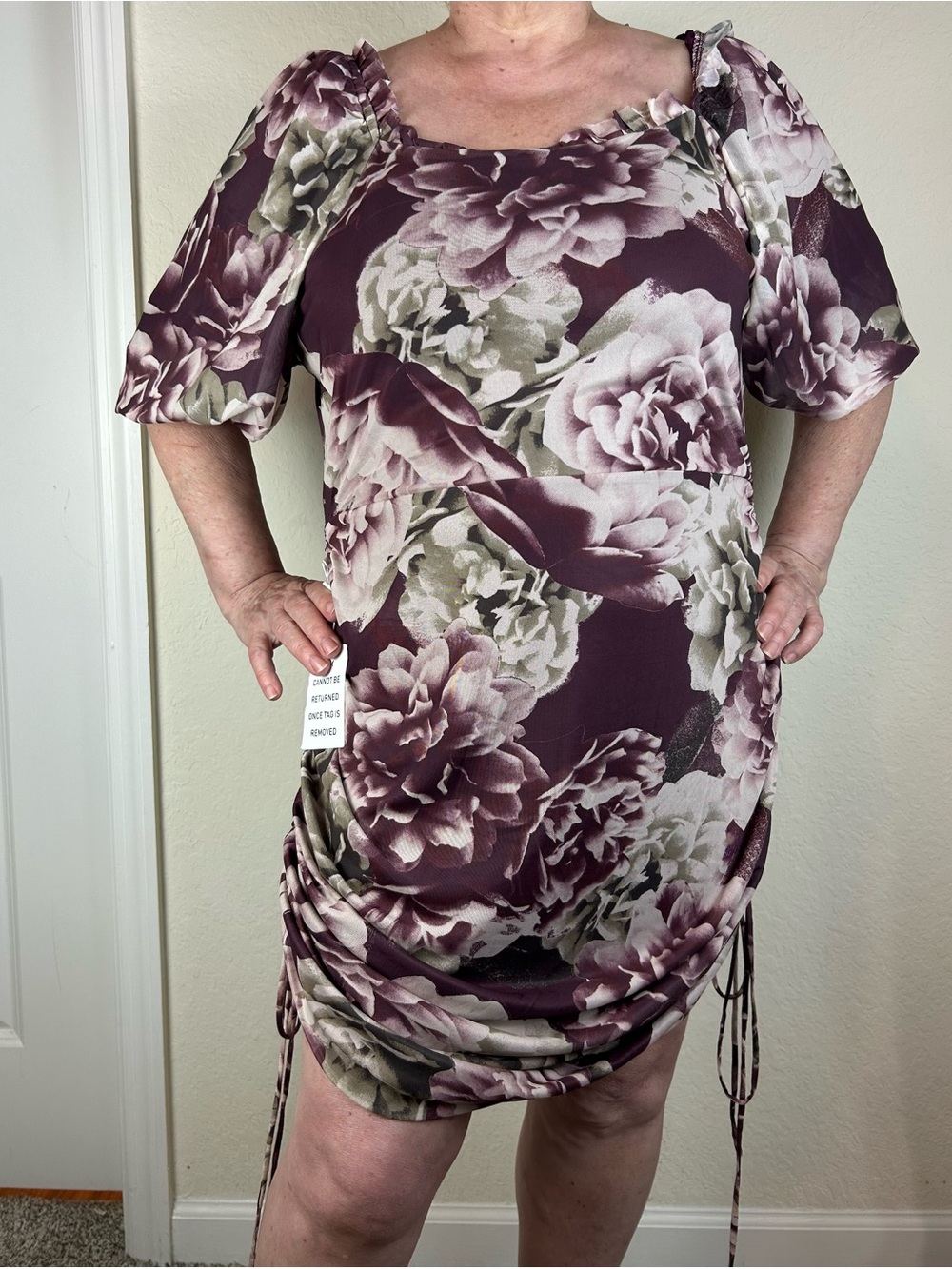 Mia Joy Alyssa Dress XXL Floral Ruched above knee Puff Sleeve Square Neck NEW